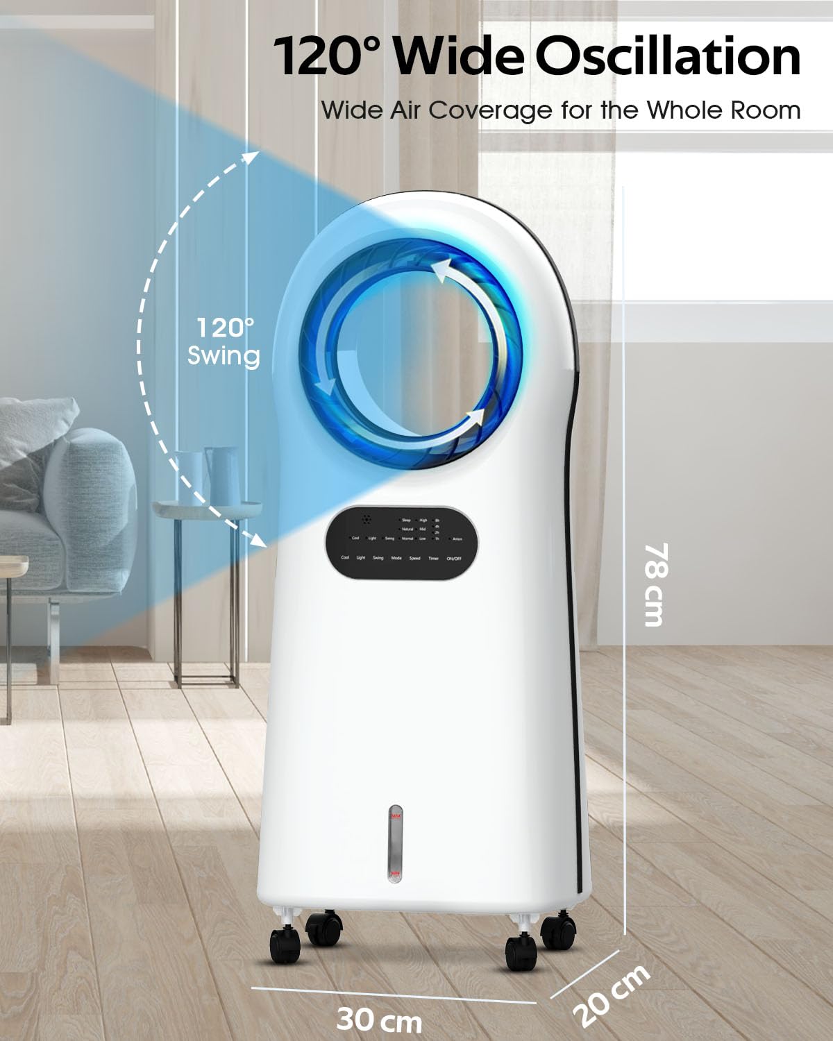 Evaporative Air Cooler, Bladeless Cooler Fan with 3 Modes 3 Speeds Air Conditioner Fan for Bed Room, Office, 3L Water Tank, 8H Timer, 120° Oscillating, 2 Ice Boxes