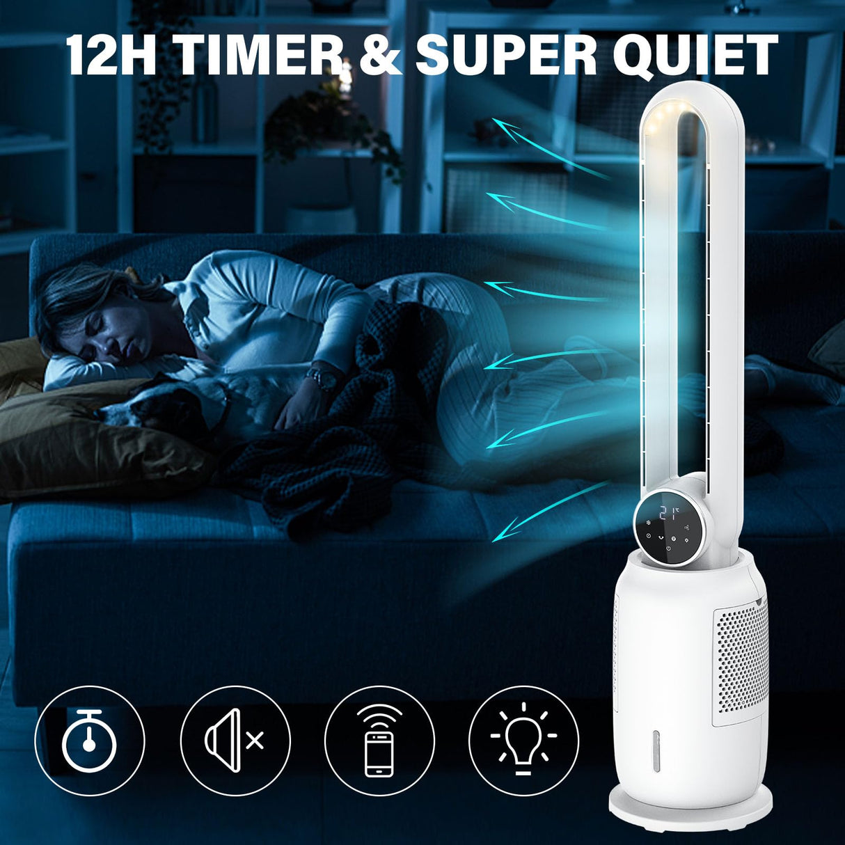 Evaporative Air Cooler, Bladeless Fan with 3 Speeds, Remote Control, Night Light, Electric Purifying Fan Suitable for Indoor Home Large Room Bedroom Office Use 2.5L