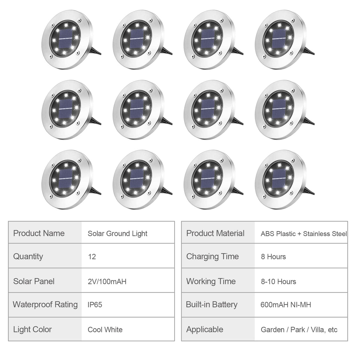 12 Pack Solar Garden Light, Waterproof Solar Ground Disk Light, Outdoor Garden LED Solar Ground Lights for Pathway/Patio/Walkway/Path/Driveway/Lawn/Landscape Lighting (White)