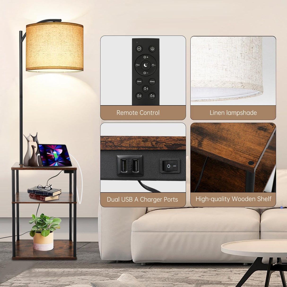 Floor Lamp with Table, Kinsdan Bedside Table with Lamp with USB Ports, 3-Color Temperature LED Bulb Included, Rustic End Table Lamp with Shelves for Bedroom, Living Room, Office