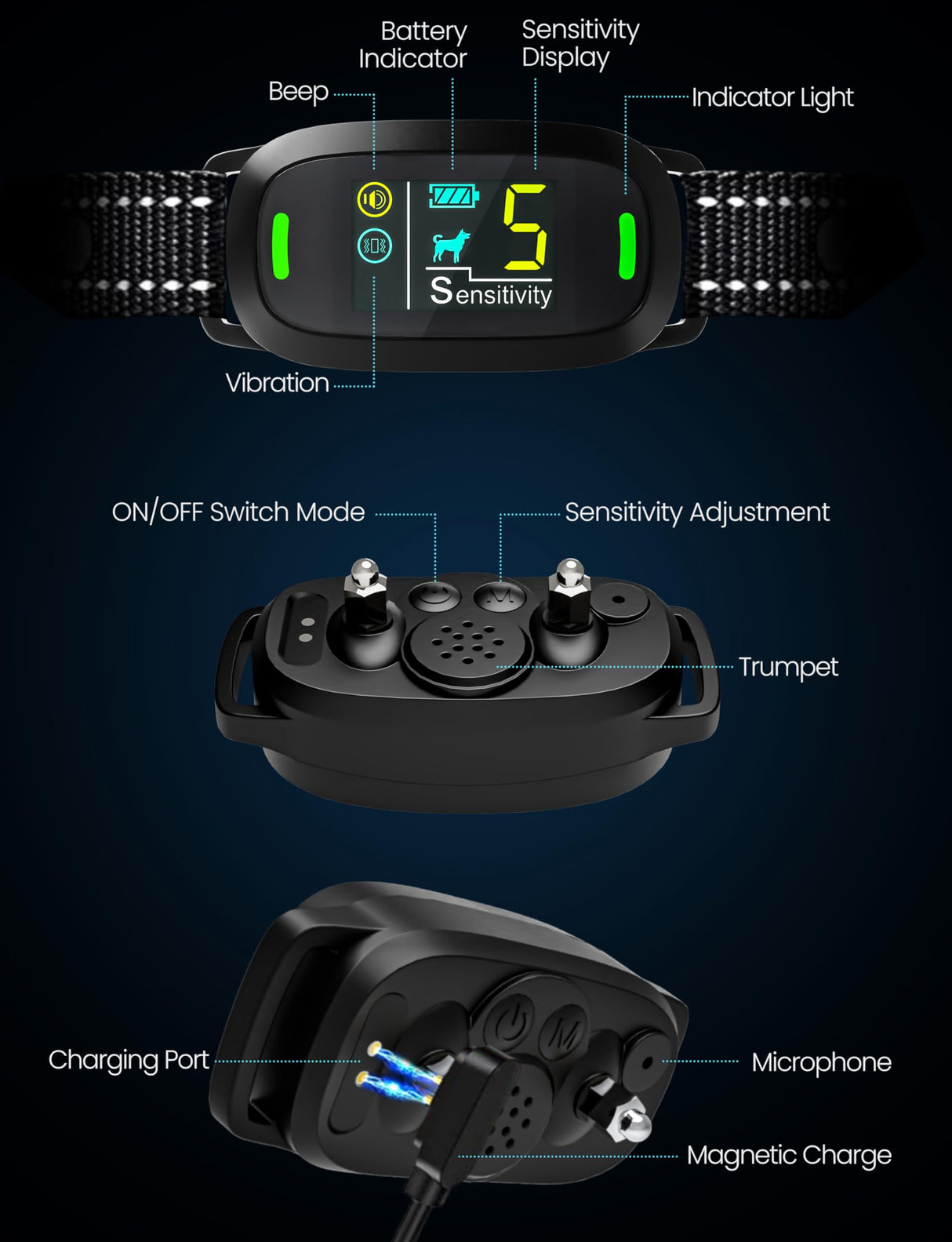 Dog Bark Collar, Rechargeable Smart Barking Collar with 5 Sensitivity Levels, IPX7 Waterproof Anti Barking Training Collar for Large Medium Small Dogs, No Shock Bark Collar