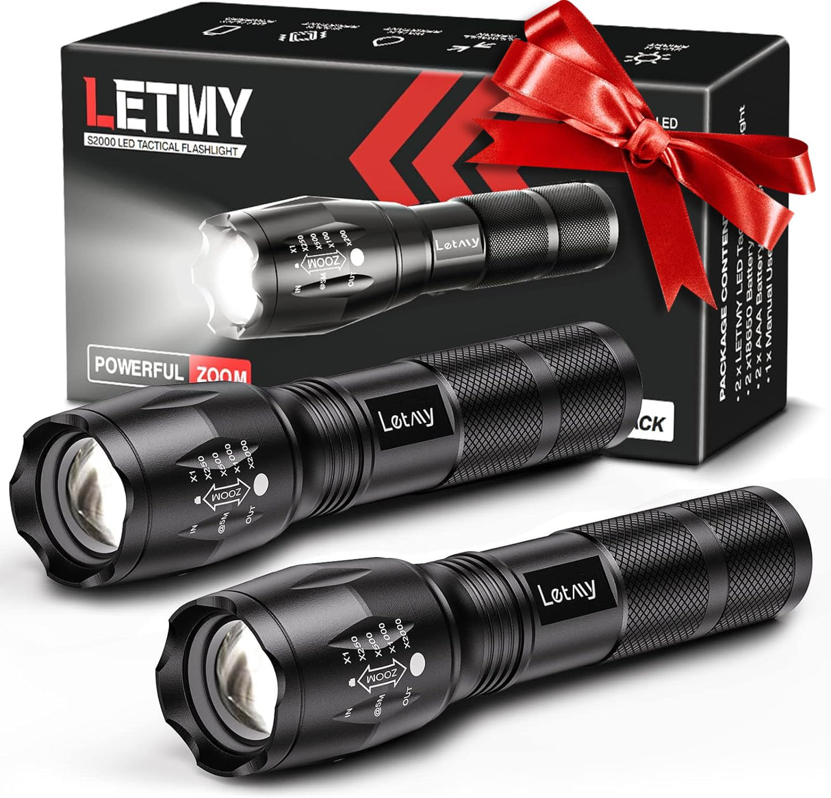 LED Tactical Flashlight S1000 PRO - 2 Pack Bright Military Grade Flashlights High Lumens - Portable Handheld Flash Lights with 5 Modes, Zoomable, Waterproof for Camping Outdoor Emergency
