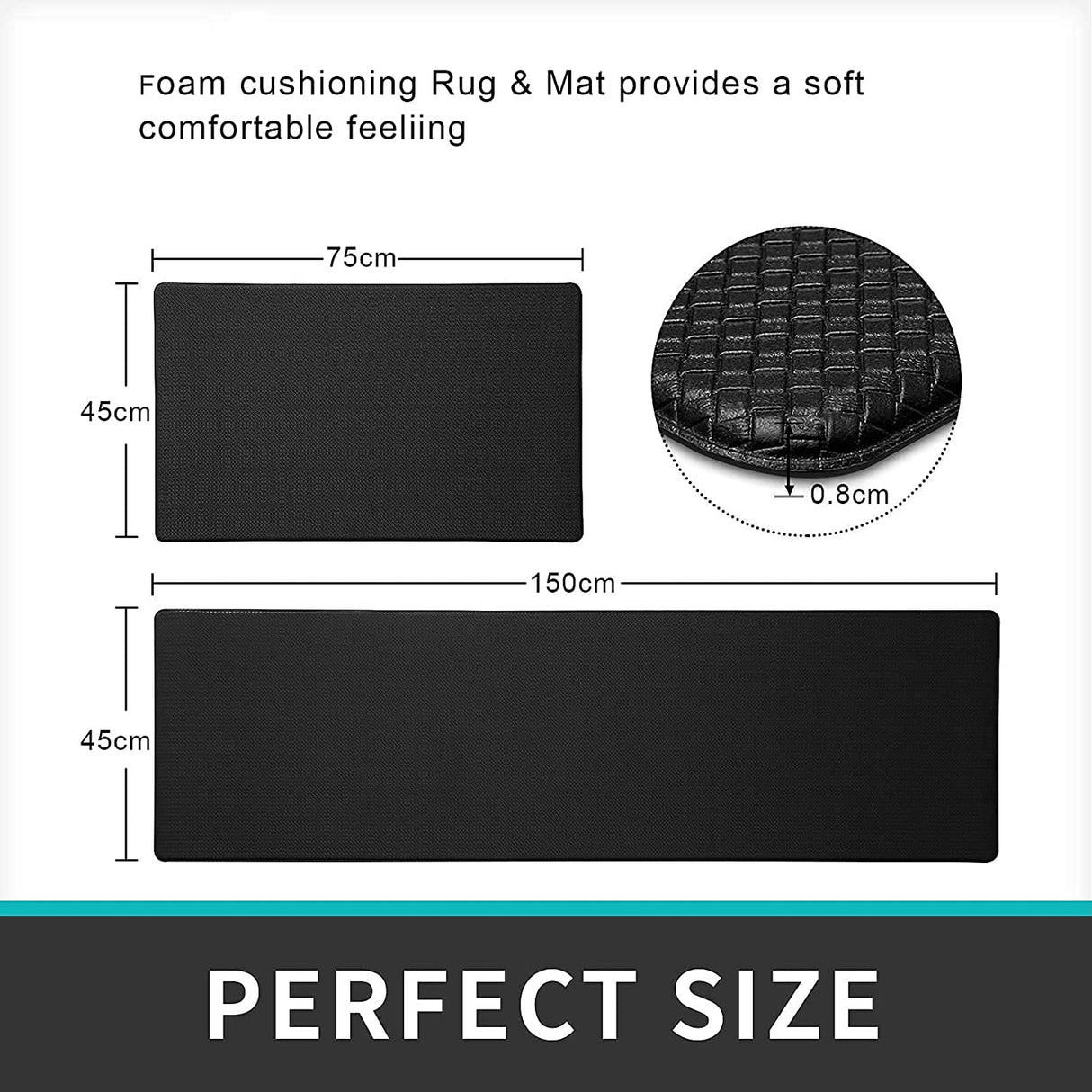 Cushioned Kitchen Floor Mat, Non-Slip Waterproof Standing Kitchen Rugs and Mats for Home (45x75+45x150cm, Black/Grey)