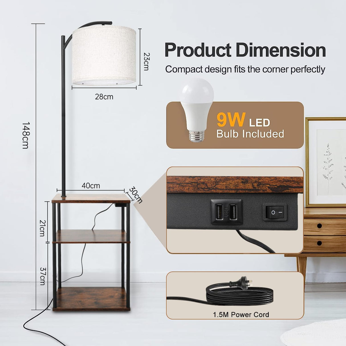 Floor Lamp with Table, Kinsdan Bedside Table with Lamp with USB Ports, 3-Color Temperature LED Bulb Included, Rustic End Table Lamp with Shelves for Bedroom, Living Room, Office