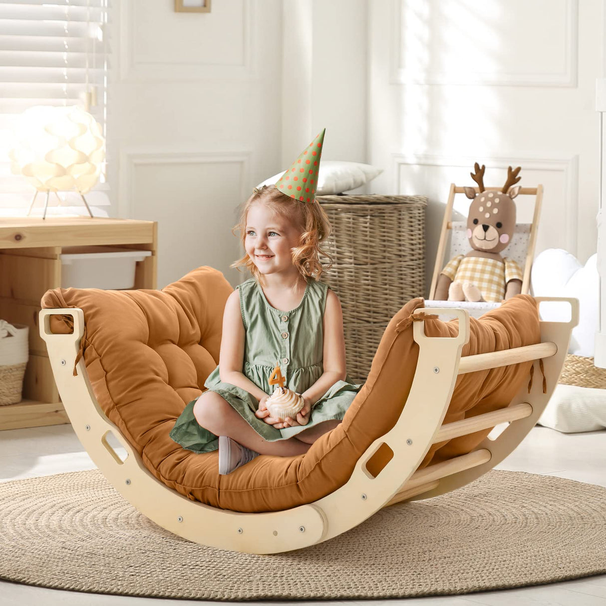 Kids Climber Arch Rocker with Cushion Pad Black,Montessori Climber Indoor Climbing Toys for Kids, Arch Climber Wooden Indoor Playground for Climbing (Small Arch Climbing with Cushion)