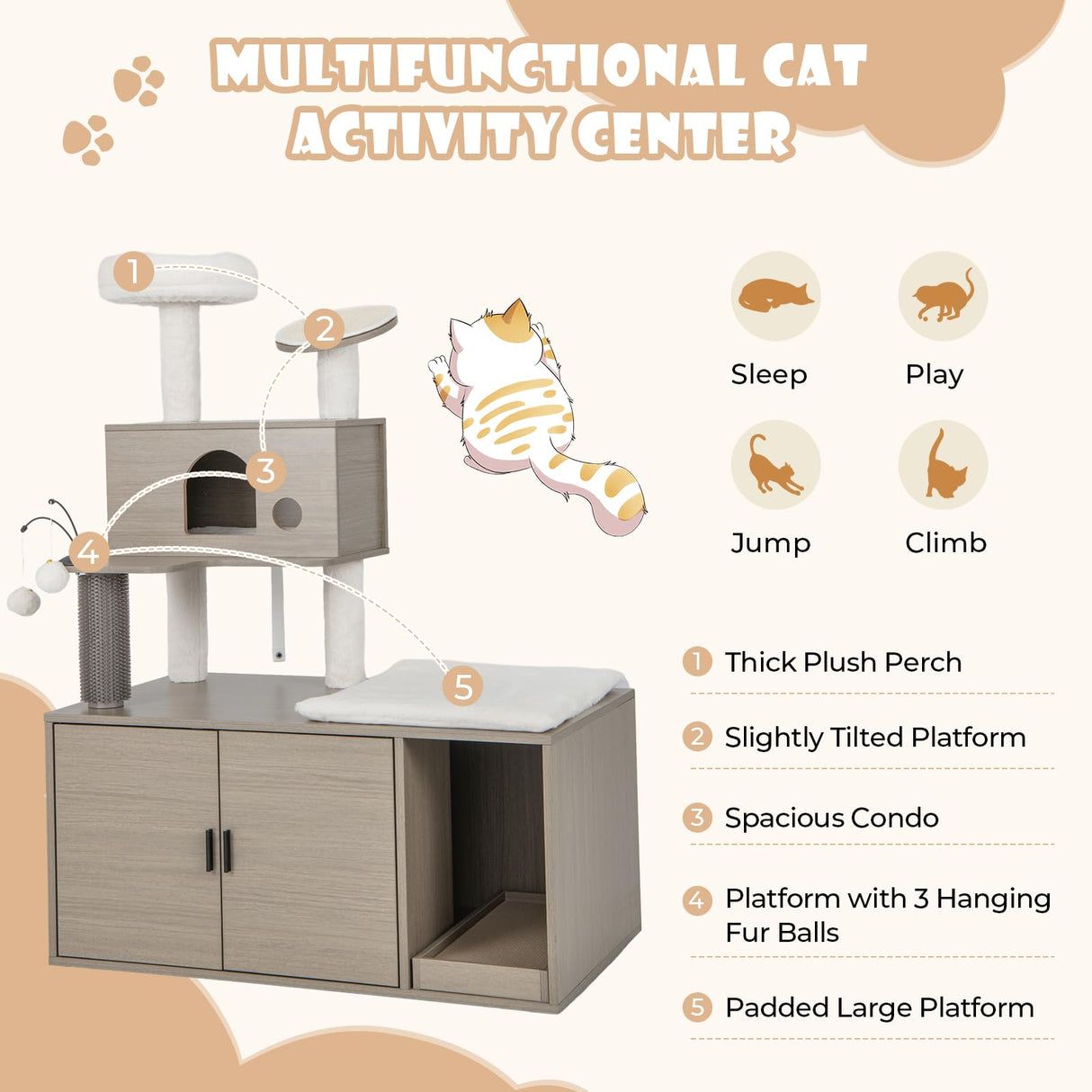 2 in 1 Cat Tree with Litter Box Enclosure, Modern Cat Tower with Cat Condo, Top Perch, Scratching Board, Multiple Platforms, Dangling Balls, Cat Litter Box Furniture for Indoor Cars