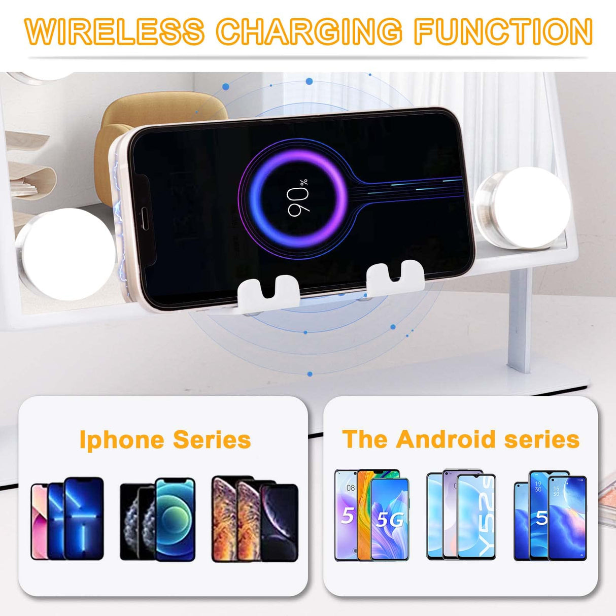 White Hollywood Vanity Mirror with Lights 9 Dimmable Bulbs Wireless Charger Bluetooth Speaker Makeup Mirror with Smart Touch Control for Glam Room Bedroom Detachable 10X Magnification