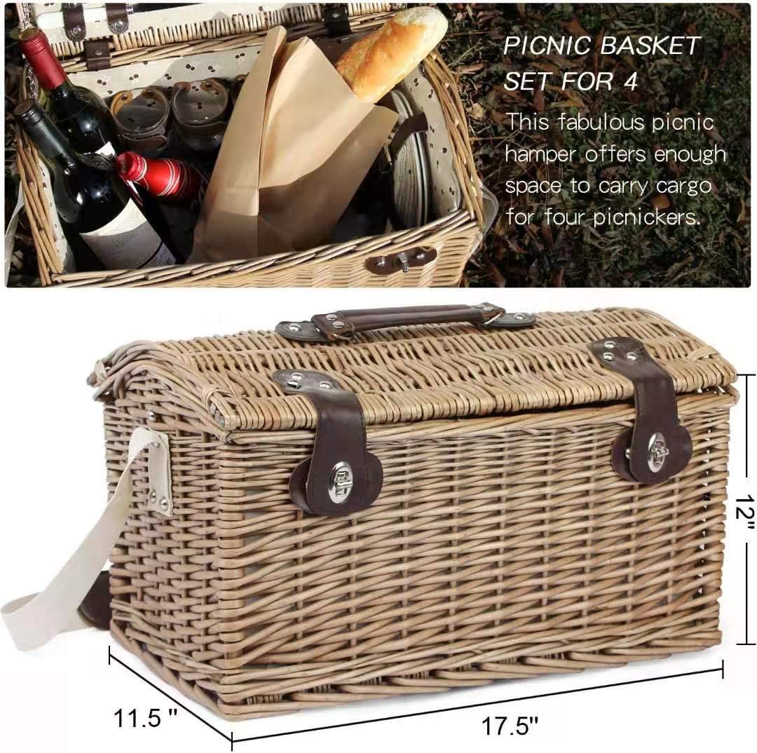 Willow Picnic Basket Set for 4 Persons, Natural Wicker Picnic Hamper with Tableware Set, Best Choice for Christmas, Thanksgiving, Birthday or Wedding
