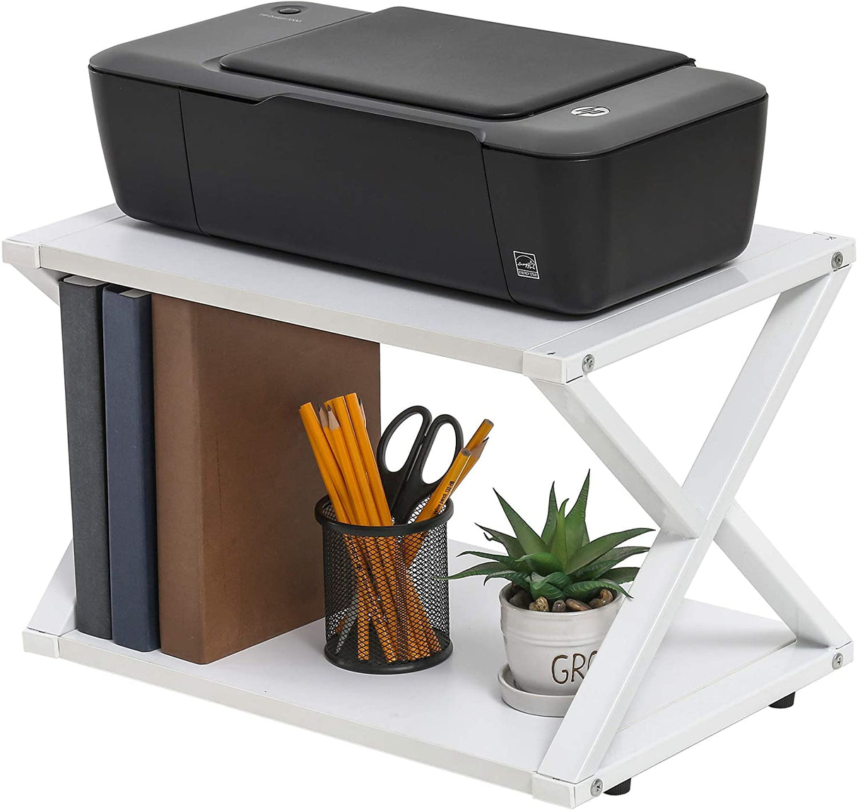 Desktop Printer Stand 2 Tiers Desk Organizer Storage Wood X-Shaped Book Shelf with Skid Pads for Home Office & School
