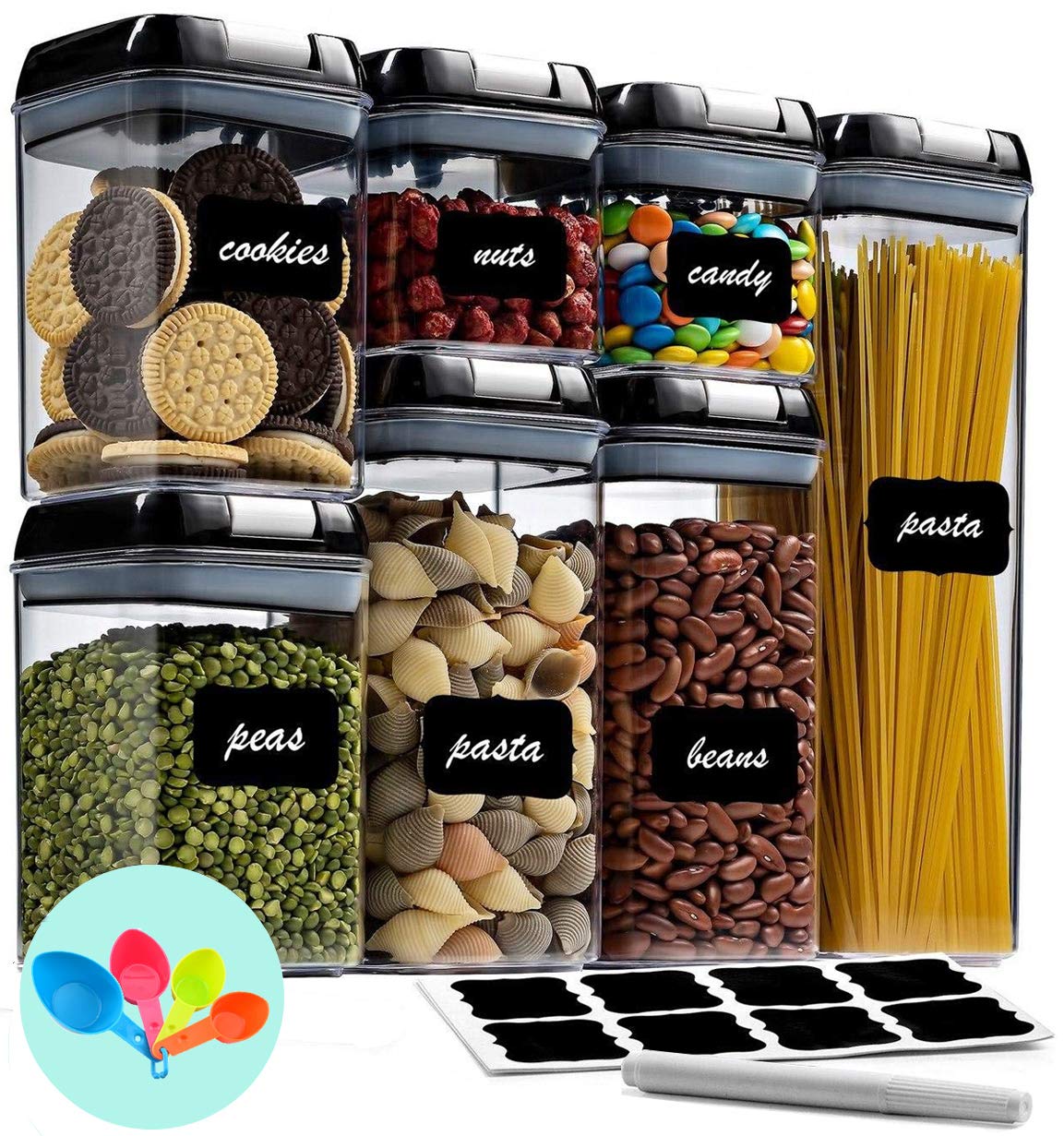 Airtight Food Storage Container Set,7 Pieces BPA Free Plastic Kitchen Organization and Storage with Easy Lock Black Lids Labels/Spoons/Pen,for Dry Food, Flour, Sugar, Pasta, Cereal