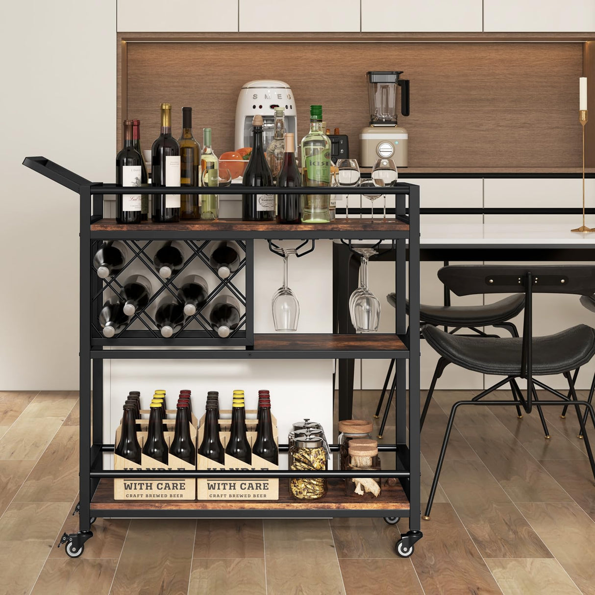 3-Tier Bar Cart on Wheels, Serving Cart w/Wine Rack & Glasses Holder, Heavy-Duty Metal Frame Mobile Drink Cart, Rolling Beverage Storage Cart w/Lockable Wheels for Kitchen, Dining Room