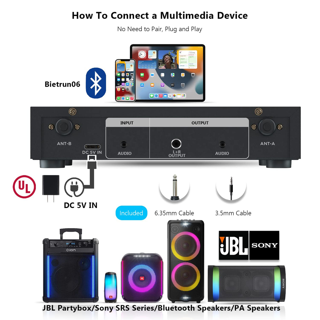 Wireless Microphones with Echo, Easy-to-Use, Auto Connect, 160 ft Range, 1/8''ļ¼1/4''Output, UHF Dual Channel Cordless Handheld Dynamic Mics System for Church,Wedding, Karaoke, Speech, Singing