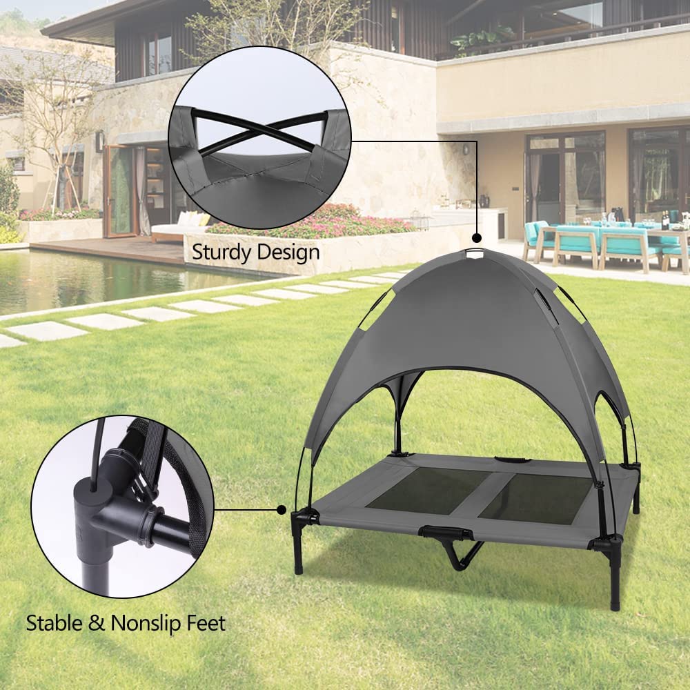 Outdoor Dog Bed with Canopy, Outside Portable Cooling Raised Pet Cot for Dogs and Cats, Grey Large