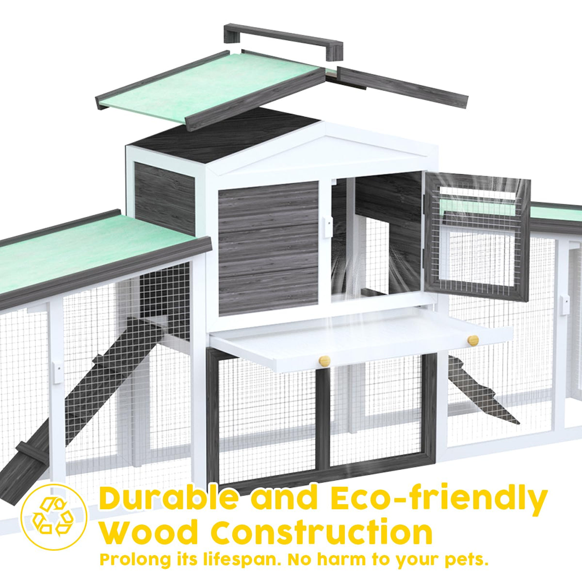 Long Grey Two-Level Fir-Wood Small-Animal Hutch – 204 × 45 × 85 cm