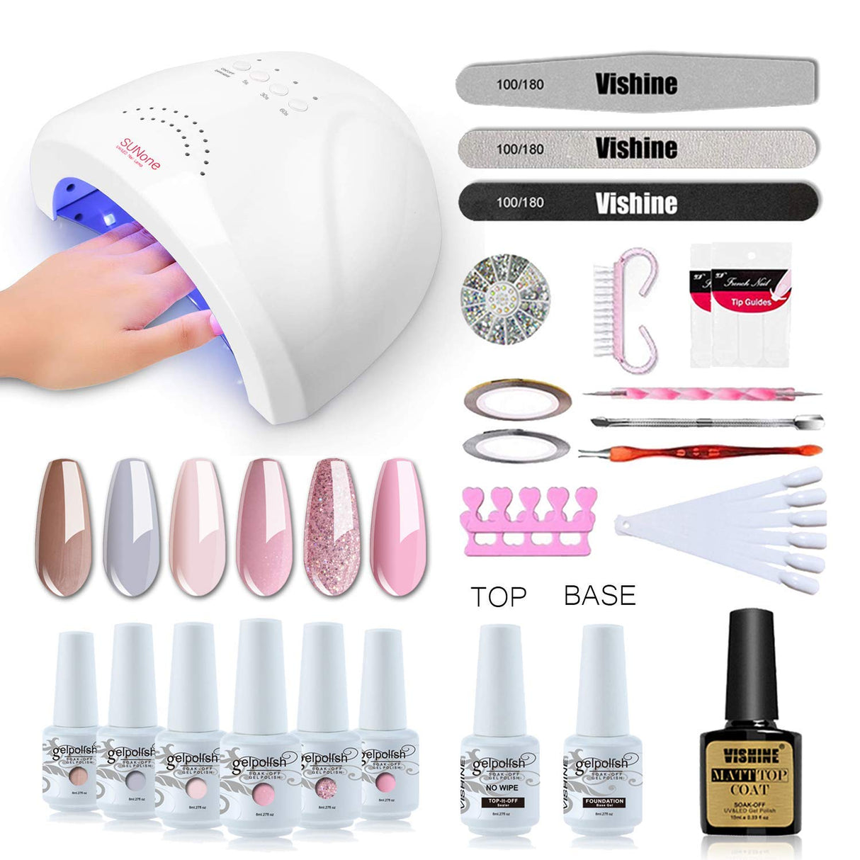 Vishine Gel Nail Polish Starter Kit with 48W SUNOne UV LED Nail Lamp Speed Dryer Manicure Tools 6 Pretty Colors Gel Polish Base and Top Coat