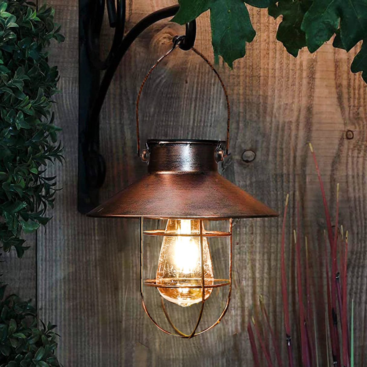 Solar Lantern Outdoor Hanging Light Metal Solar Lamp with Warm White Edison Bulb Design for Garden Yard Patio Porch Decor(Copper)