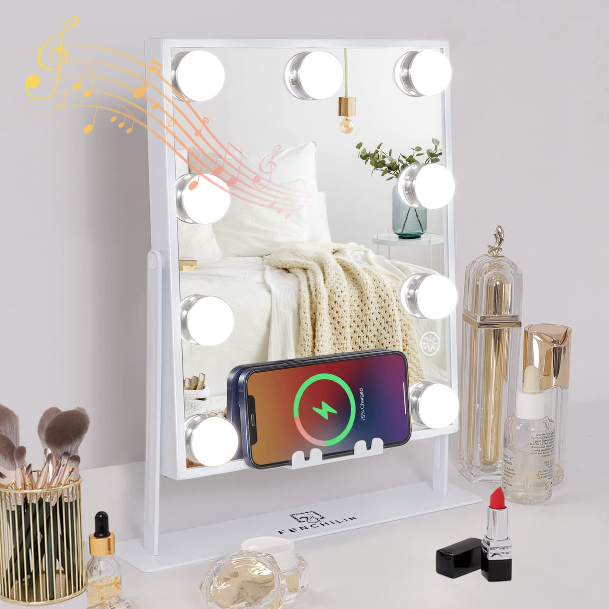 White Hollywood Vanity Mirror with Lights 9 Dimmable Bulbs Wireless Charger Bluetooth Speaker Makeup Mirror with Smart Touch Control for Glam Room Bedroom Detachable 10X Magnification