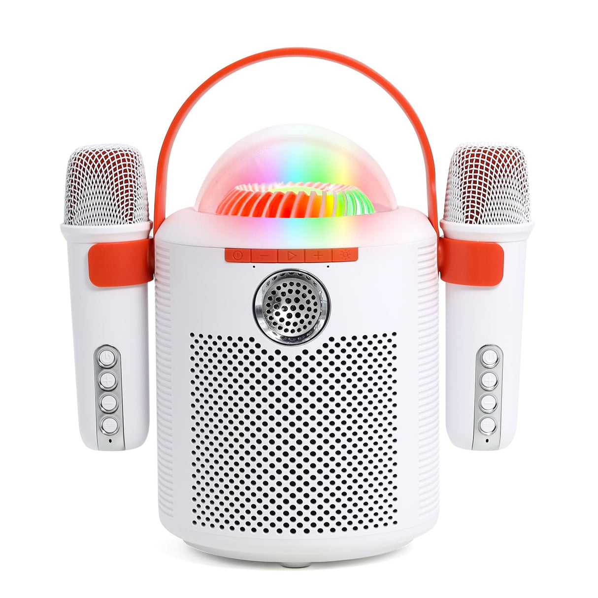 Bluetooth Karaoke Machine with Two Wireless Microphones, Portable Design with Large Battery, RGB Light Effects & Voice Changer, Bluetooth 5.0 Powerful Speaker, AUX and TF Card Input, White