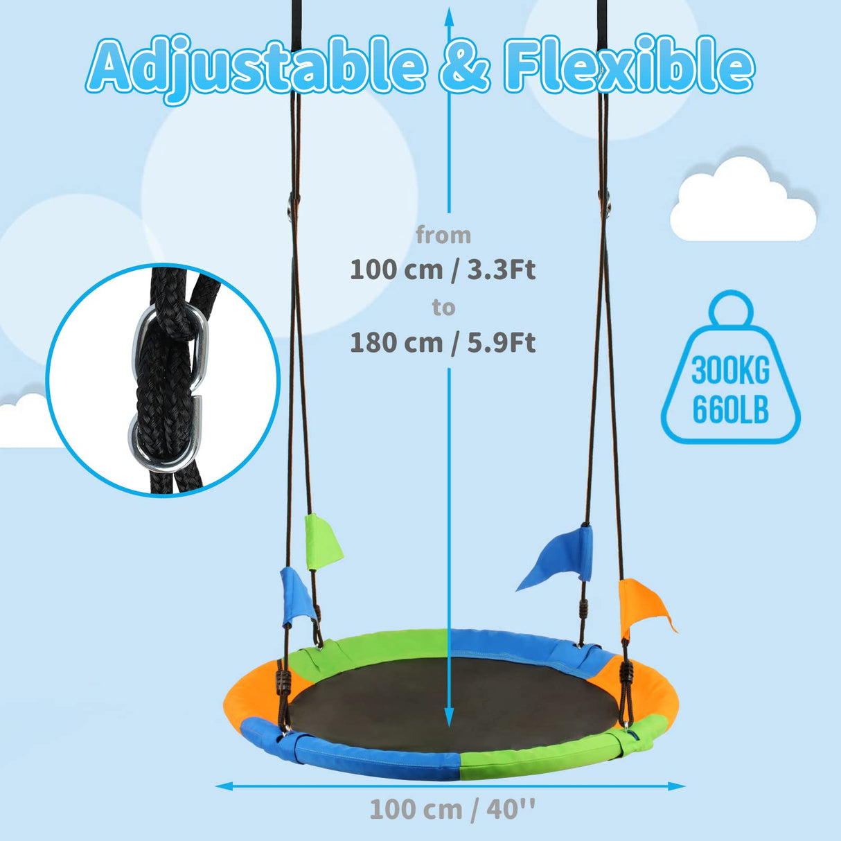 100cm/40" Saucer Tree Swing for Kids with Adjustable Hanging Ropes, Children Waterproof Round Flying Super Spinner Swing, Safe Playing Indoor Outdoor Backyard Garden, Max Load 300kg/660lb