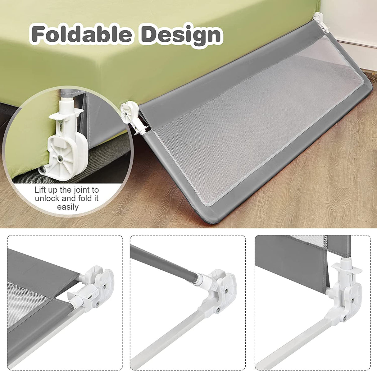 Bed Rails for Toddlers, 180cm Extra Long, Swing Down Bed Guard w/Safety Strap for Convertible Crib, Folding Baby Bedrail for Kids Twin, Double, Full Size Queen & King Mattress