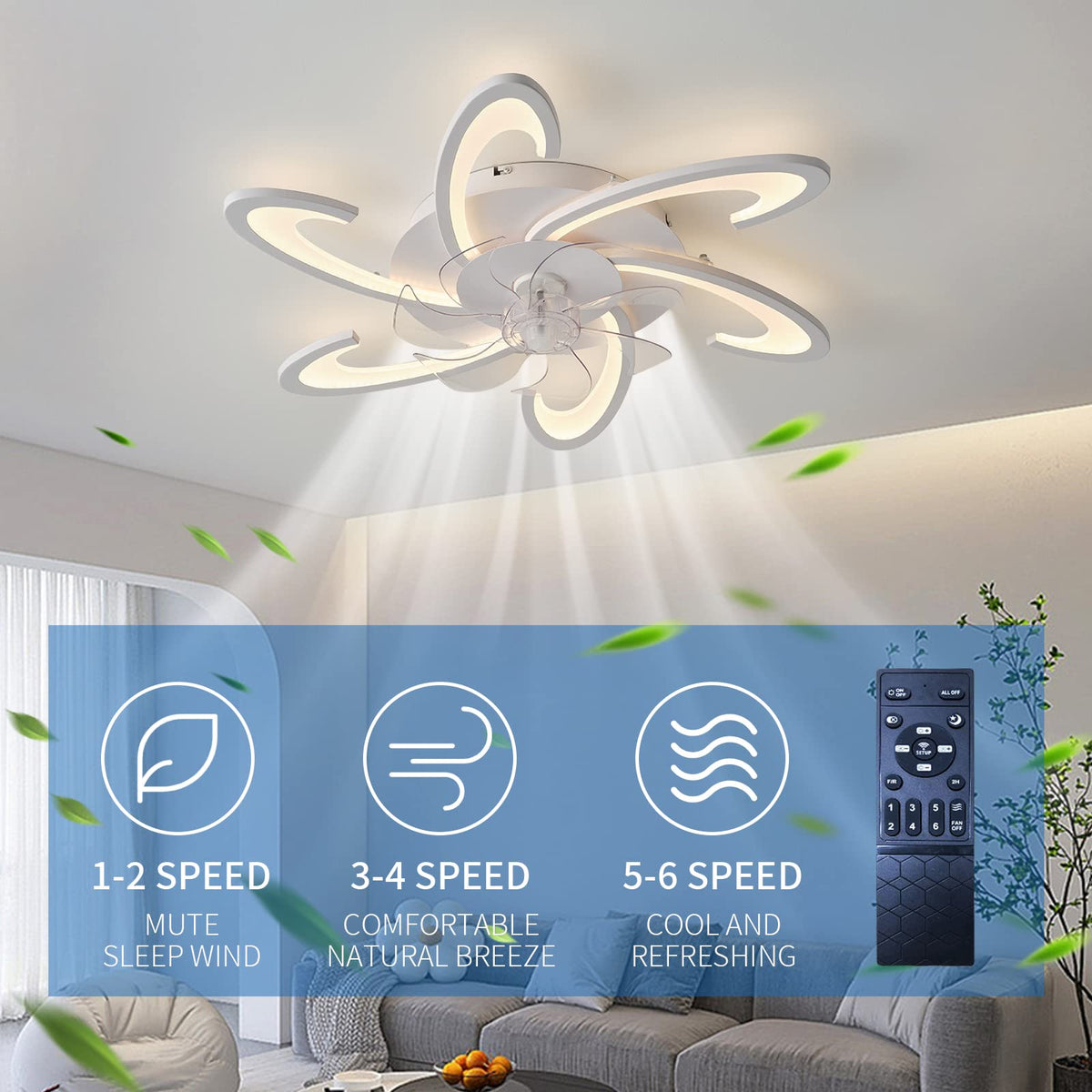 Low Profile Ceiling Fans with Lights and Remote/APP Control,3 Light Color Changes,6 Wind Speed Modes,Flush Mount Ceiling Fan Light,Modern Ceiling Light with Fan for Bedroom/Study/Office 82cm