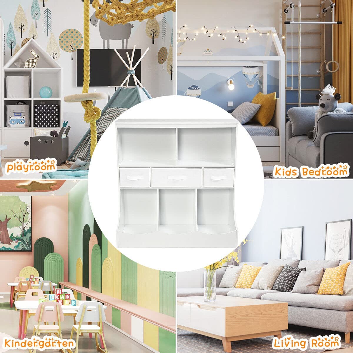 Kids Bookcase Cabinet, Storage Organizer for Toddlers w/2 Shelves, 3 Bins & 3 Removable Drawers, Kids Shelf Freestanding Storage Unit for Children’s Bedroom Playroom, Kindergarten (White)