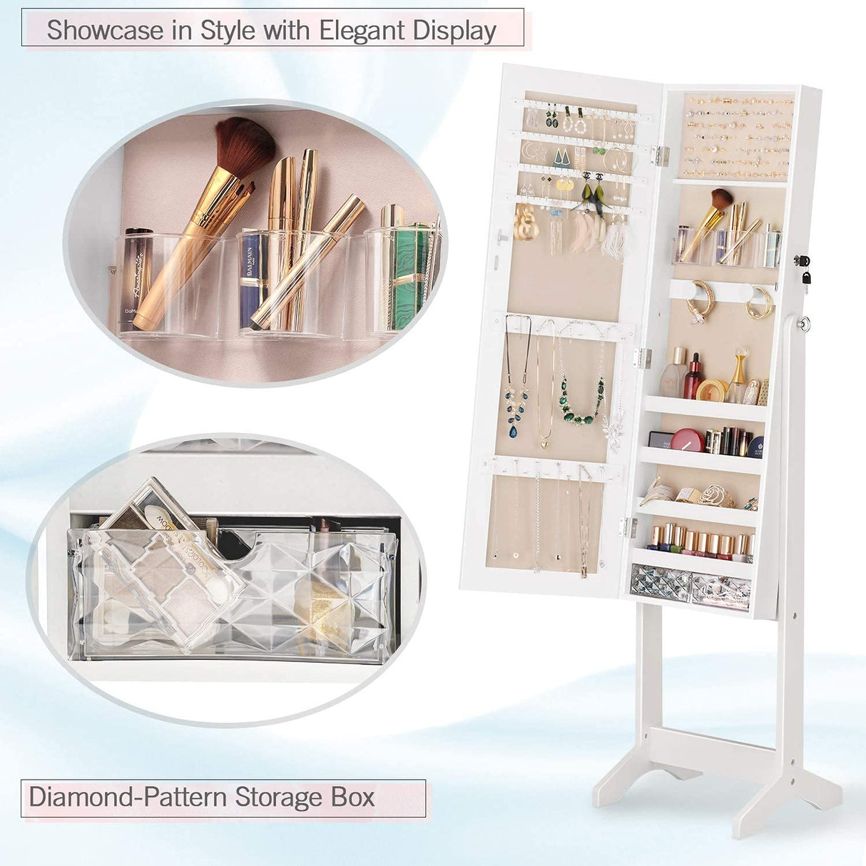 Jewellery Cabinet Standing full Screen Mirror Makeup Lockable Armoire, Large Cosmetic Storage Organizer w/Brush Holder white