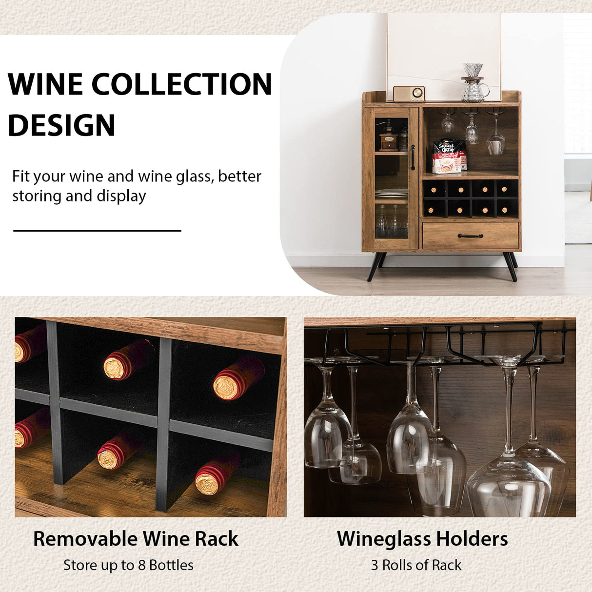 Wine Cabinet, Buffet Sideboard with Removable Wine Rack, Drawer, Shelves, Tempered Glass Door & Glass Holder, Wooden Wine Storage Sideboard for Kitchen, Dining Room, Living Room
