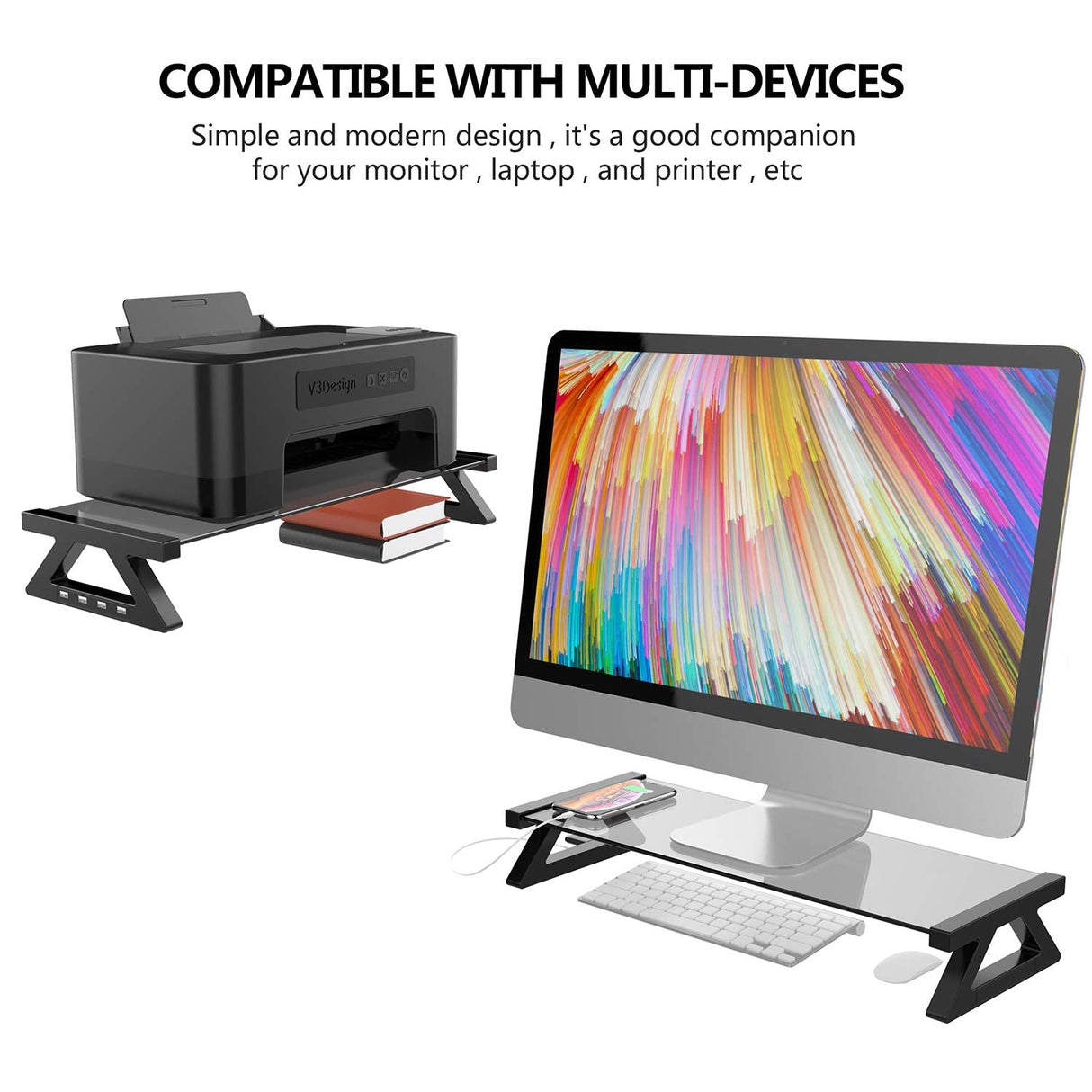 Glass Monitor Stand Riser with USB Port High-Speed Transfer Data Charge, for iMac,Screen,Computer,PC, Desk Organizers and Accessories,Desk Organizer Keyboard