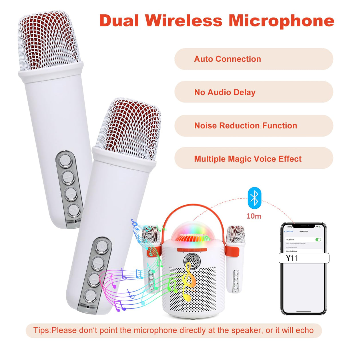Bluetooth Karaoke Machine with Two Wireless Microphones, Portable Design with Large Battery, RGB Light Effects & Voice Changer, Bluetooth 5.0 Powerful Speaker, AUX and TF Card Input, White