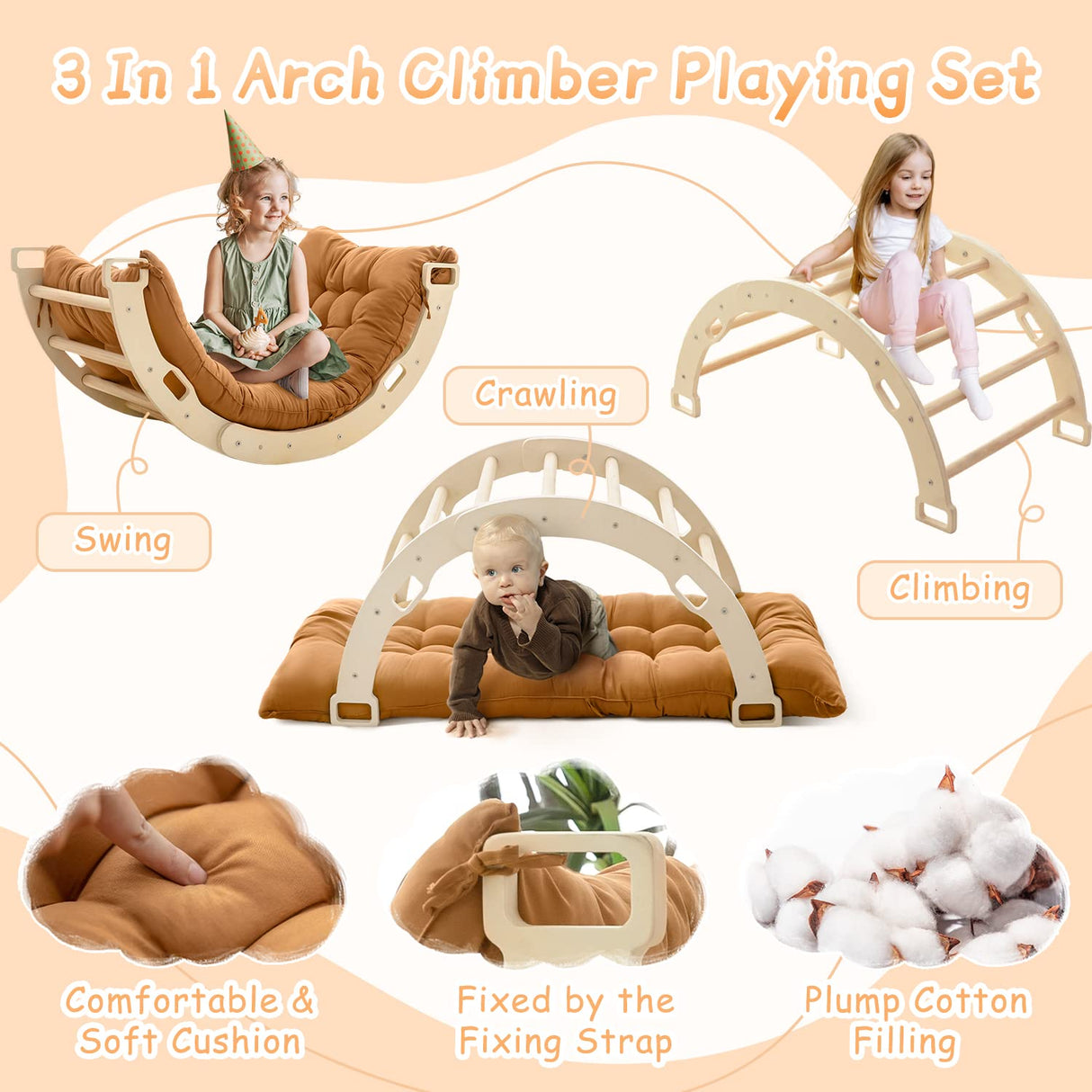 Kids Climber Arch Rocker with Cushion Pad Black,Montessori Climber Indoor Climbing Toys for Kids, Arch Climber Wooden Indoor Playground for Climbing (Small Arch Climbing with Cushion)