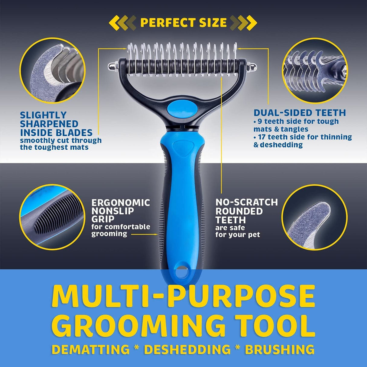 Pet Grooming Tool- 2 Sided Undercoat Rake for Dogs & Cats-Safe and Effective Dematting Comb for Mats & Tangles Removing-No More Nasty Shedding or Flying Hair