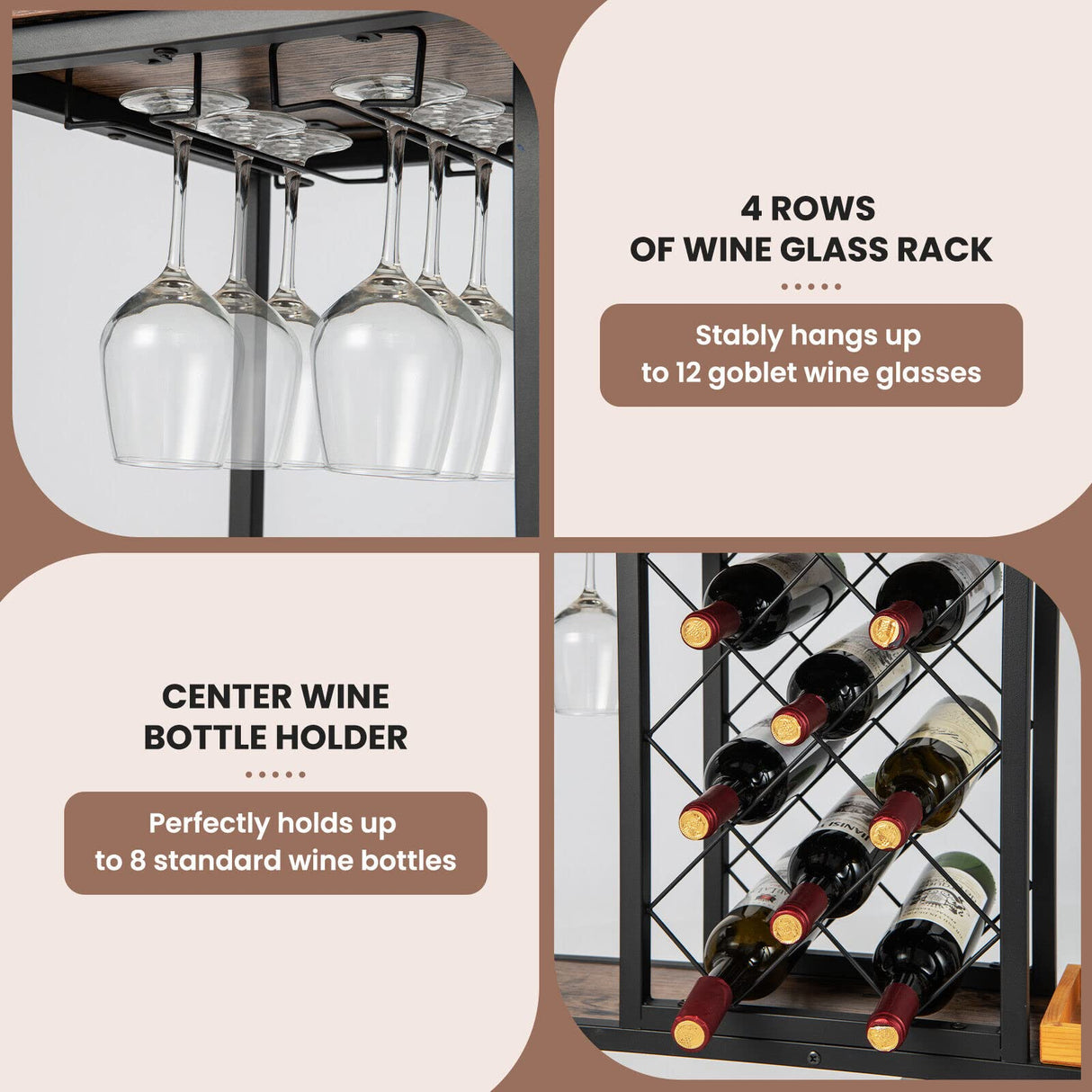 3-Tier Bar Wine Rack Table, Industrial Kitchen Island Cart with 8-Bottle Wine Rack & 4-Row Wine Glass Holders, Rolling Buffet Serving Cart for Dining Room, Living Room, Cafe, Rustic Brown