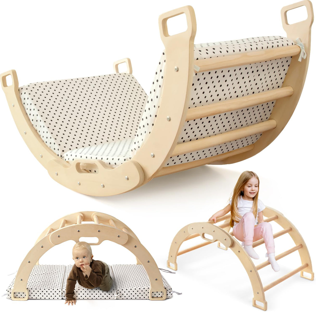 Kids Climber Arch Rocker with Cushion Pad Black,Montessori Climber Indoor Climbing Toys for Kids, Arch Climber Wooden Indoor Playground for Climbing (Small Arch Climbing with Cushion)