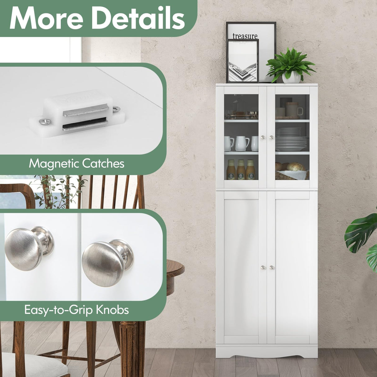 Tall Buffet Sideboard, Kitchen Pantry Cabinet with Dual Tempered Glass Doors & Shelves, Extra Door Racks, Anti-Toppling Design, Freestanding Cupboard for Dining Room Living Room, White