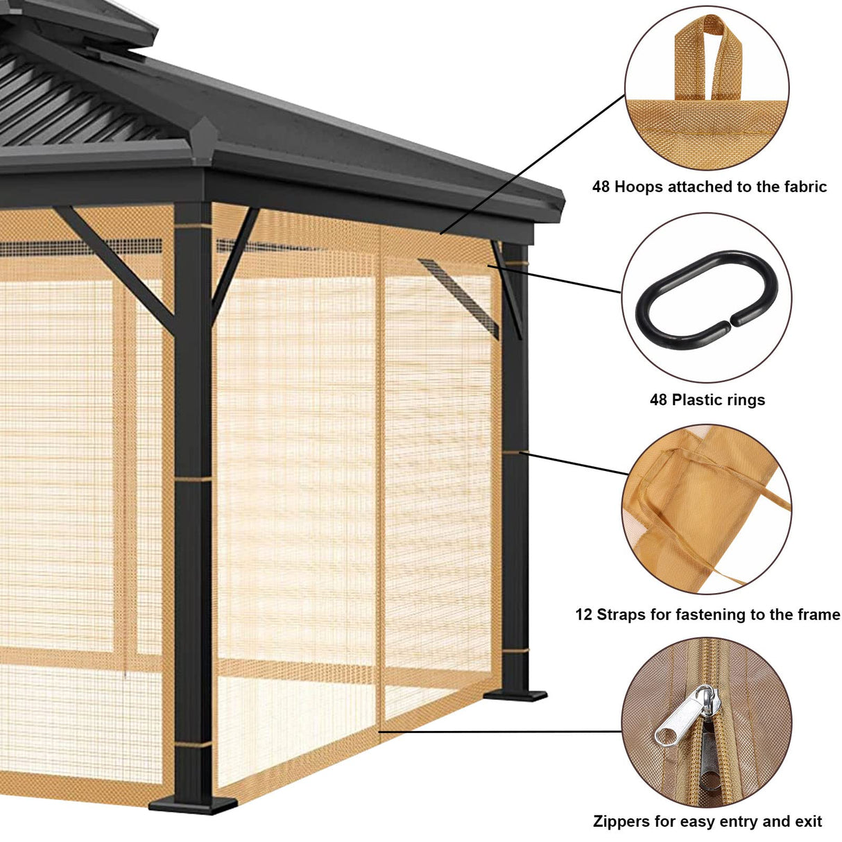 New Gazebo Mo-squito Net Outdoor Gazebo Netting Screen Replacement Universal 4-Panel Sidewalls with Zipper Waterproof Mo-Squito Netting (12' x 12', Brown)
