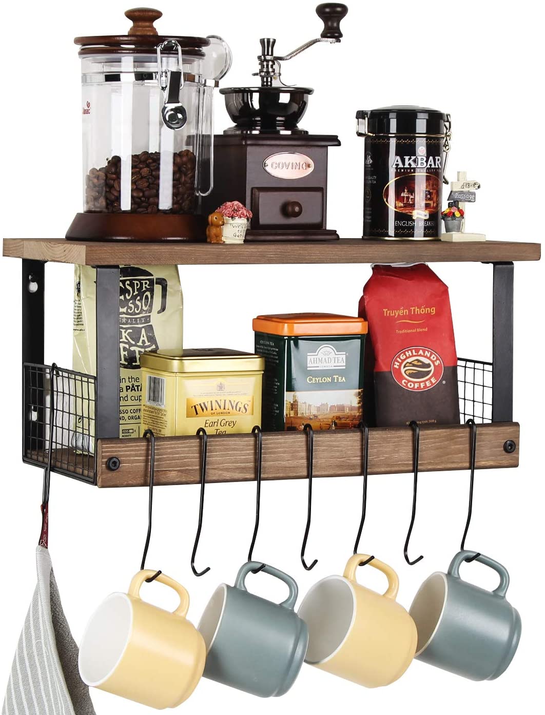 Rustic Torched Wood Kitchen Storage Shelf Wall Mount Organizer Stand with 8 Hanging Removable Hooks and 2 Shelves