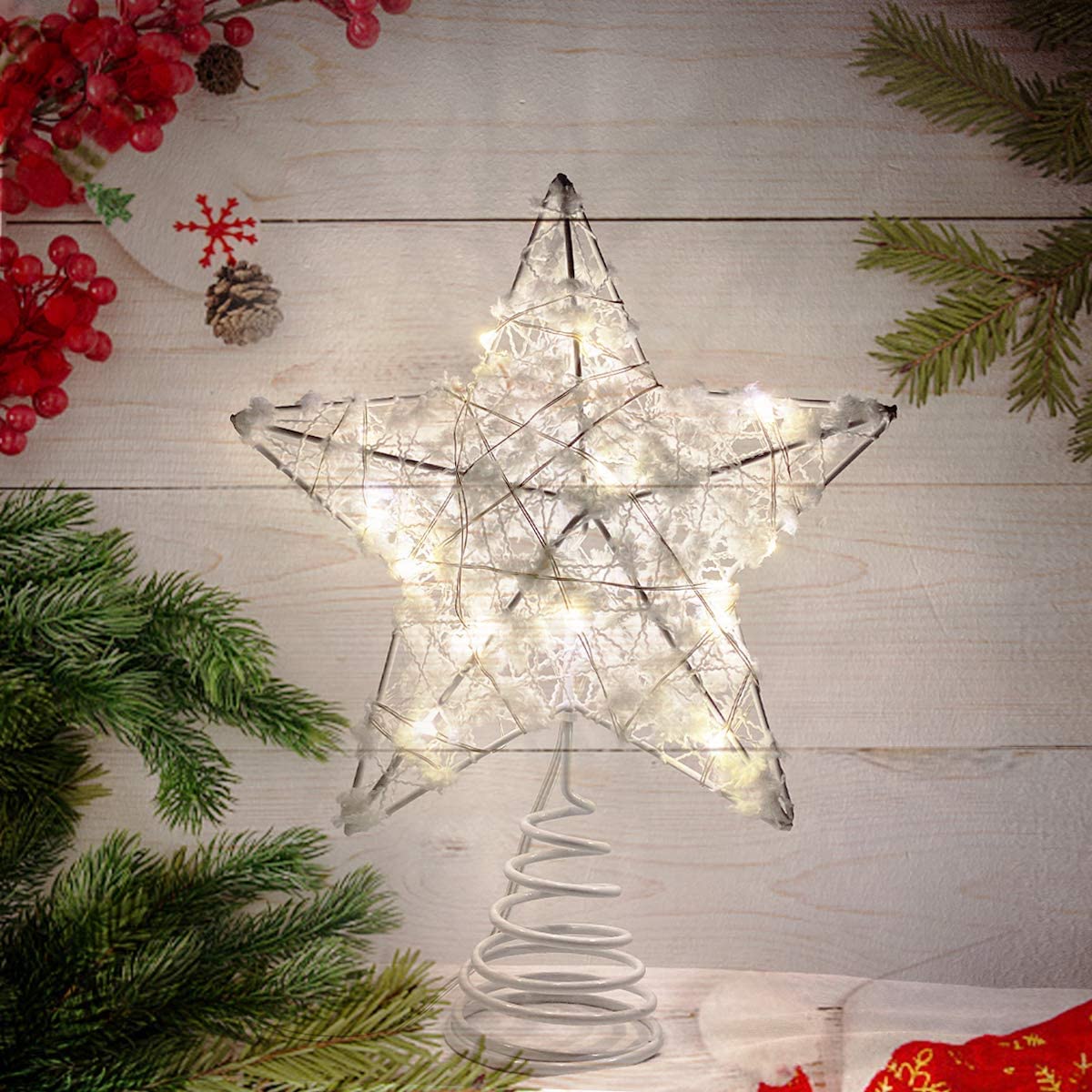 Metal Glittered Christmas Tree Topper Hallow Wire Star Topper for Christmas Tree Ornament (White)