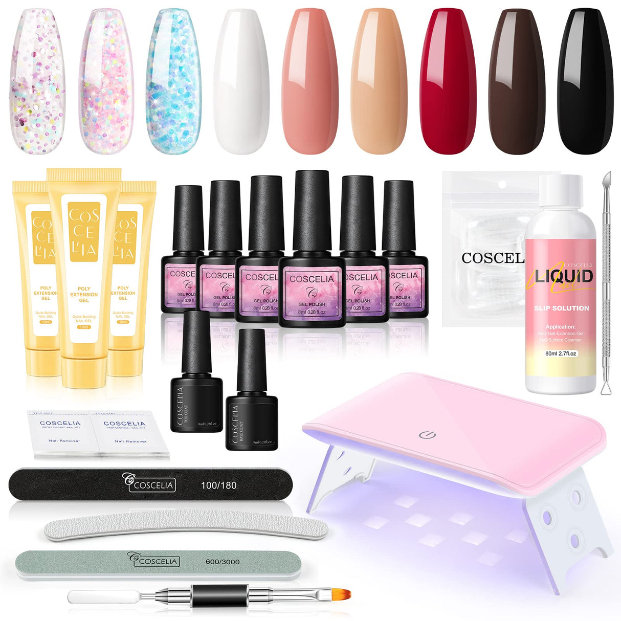 Gel Nail Starter Kit for Beginner,6 Pcs Gel Nail Polishes 3 Colors Poly Extension Gel 16 W Mini Nail Lamp for Nail Builder and Base Coat Top Coat Gel Nail Polish Manicure Tools Starter Kit Complete