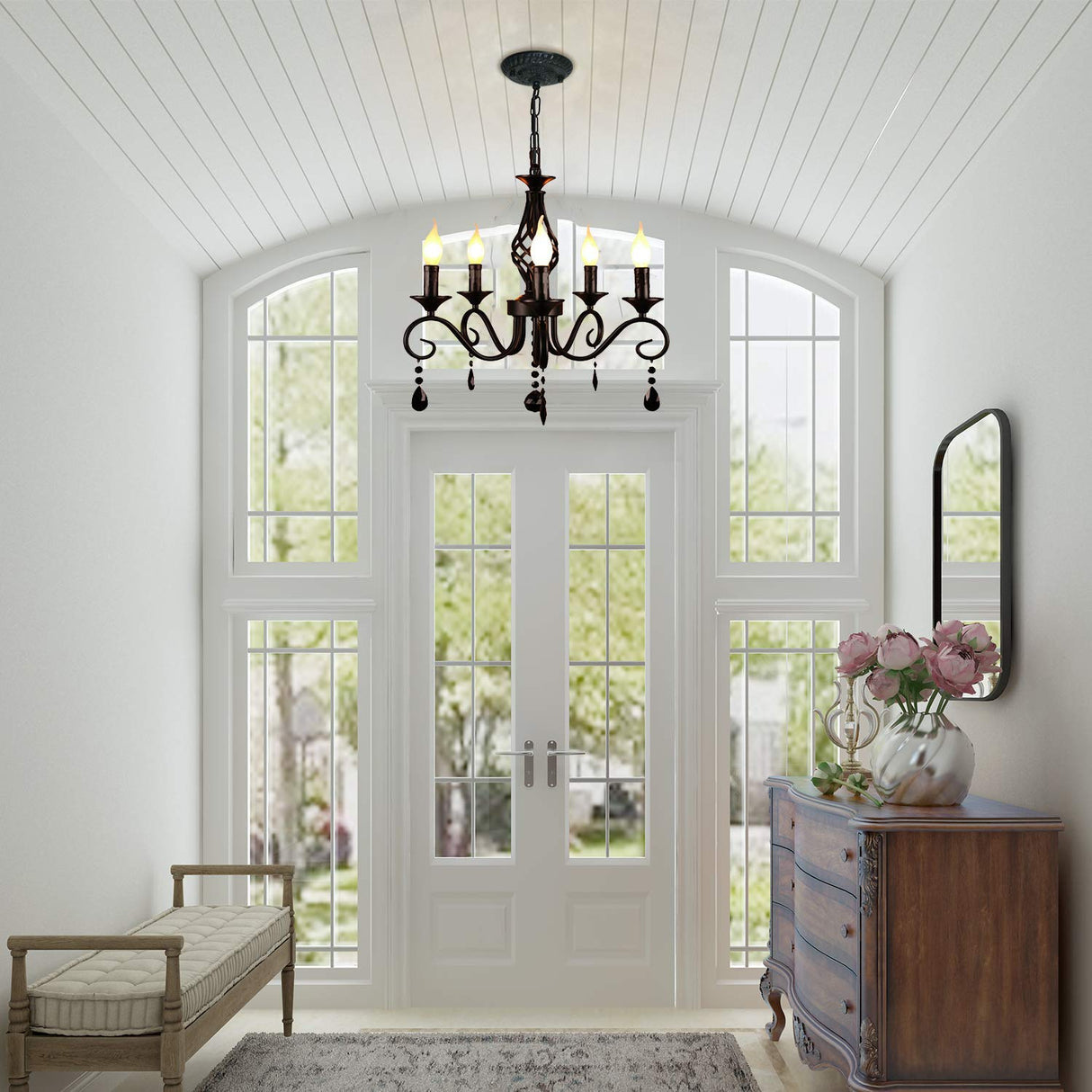 French Country Chandeliers, 5 Lights Black Crystal Candle Chandelier, Industrial Vintage Pendant Light Fixture Hanging Light for Island Kitchen Dining Room Farmhouse