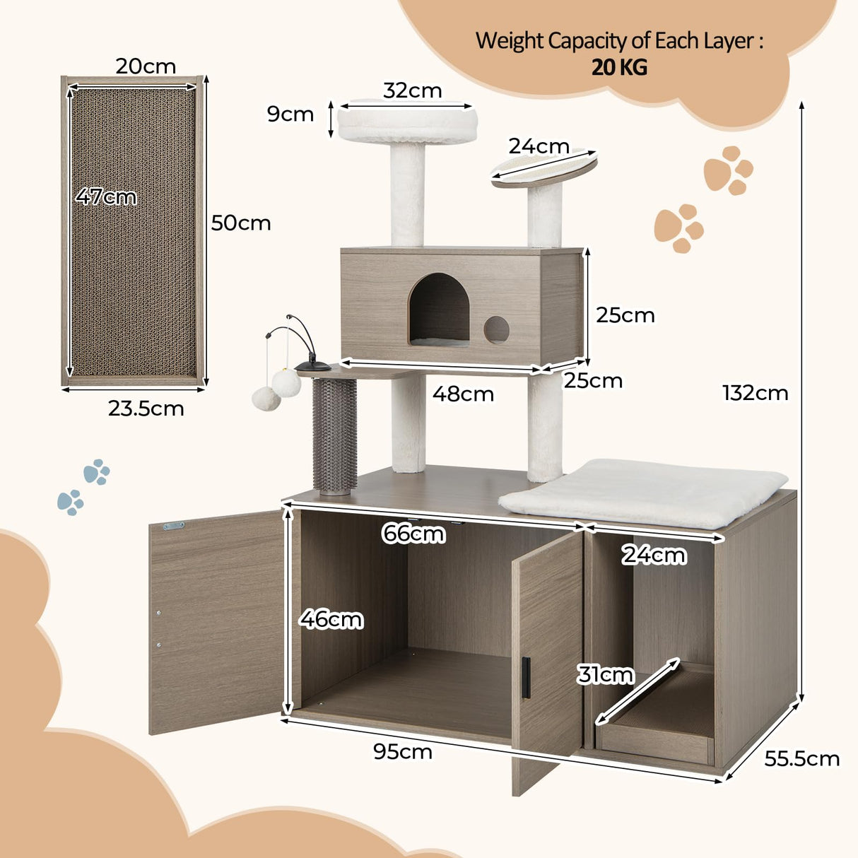 2 in 1 Cat Tree with Litter Box Enclosure, Modern Cat Tower with Cat Condo, Top Perch, Scratching Board, Multiple Platforms, Dangling Balls, Cat Litter Box Furniture for Indoor Cars
