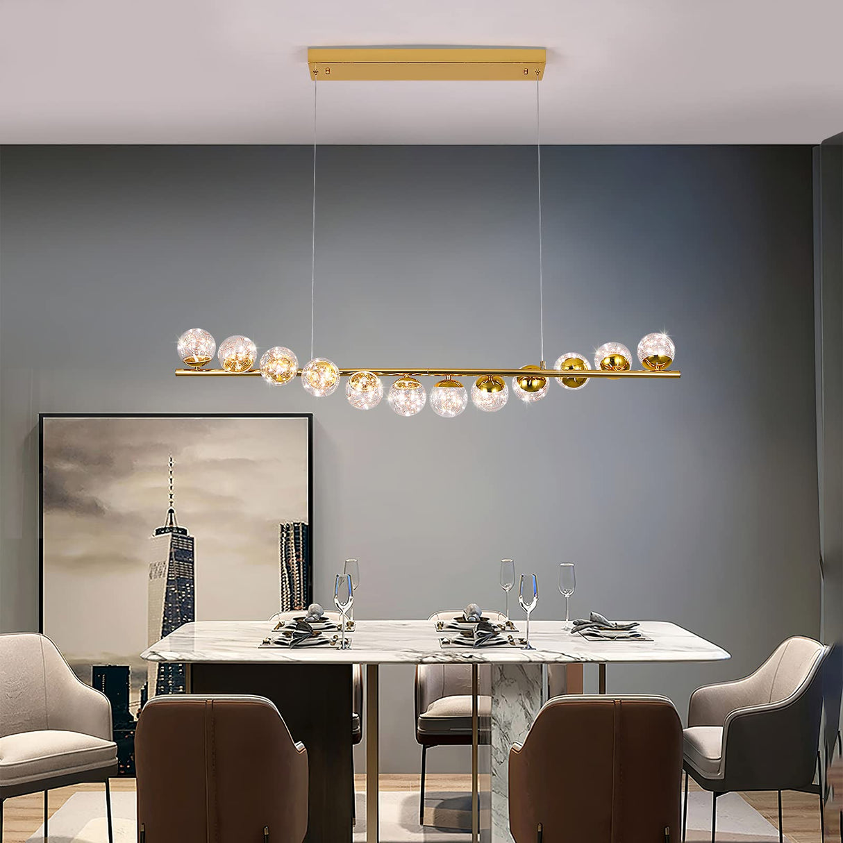 Modern Sputnik Chandelier 12 Lights LED Clear Glass Globe Pendant Light Dimmable LED Chandeliers Ceiling Light Gold Brass Chandeliers for Kitchen Island Dining Room Living Room