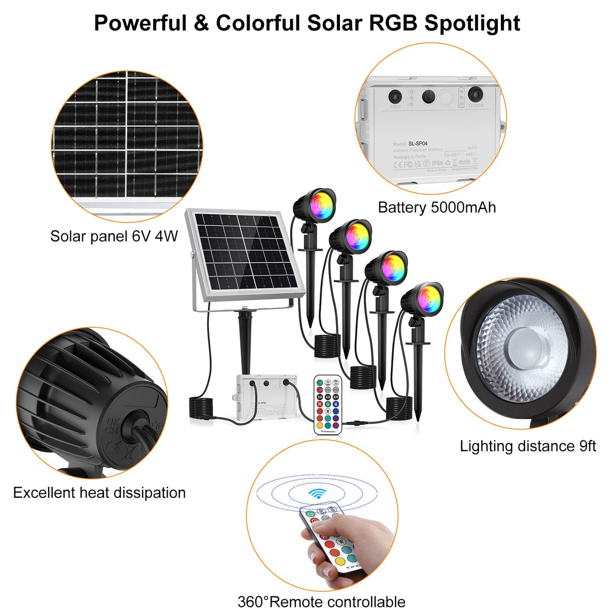 RGB Solar Spotlights Outdoor, 4-in-1 Solar Garden Lights, Waterproof IP66 Solar Powered Spotlight, 12 Colors Changing, Remote Control, LED Landscape Lighting for Yard Patio Lawn Garden
