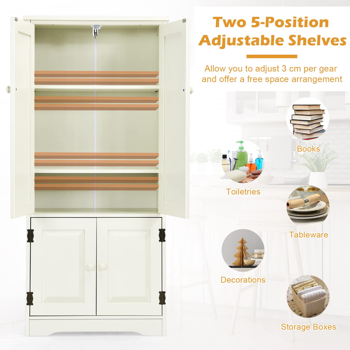 Freestanding Storage Cabinet, Antique Low Floor Cabinet, Pantry Cabinet Wooden Cupboard Organizer w/Adjustable Shelf & Anti-Tilt Design, for Living Room Bedroom Bathroom