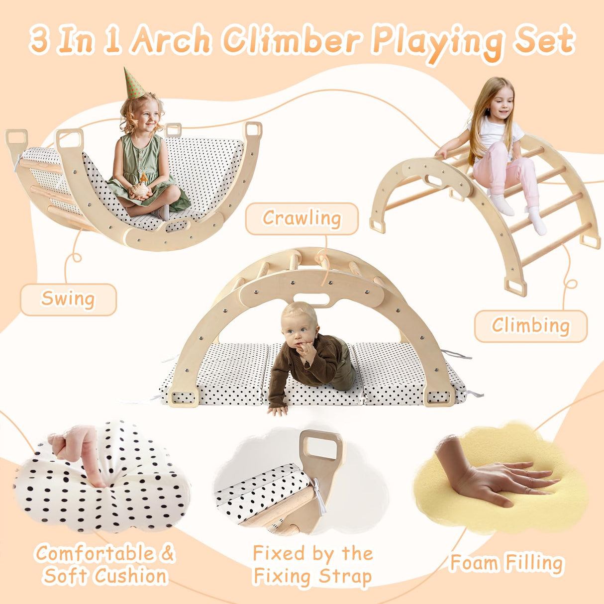 Kids Climber Arch Rocker with Cushion Pad Black,Montessori Climber Indoor Climbing Toys for Kids, Arch Climber Wooden Indoor Playground for Climbing (Small Arch Climbing with Cushion)