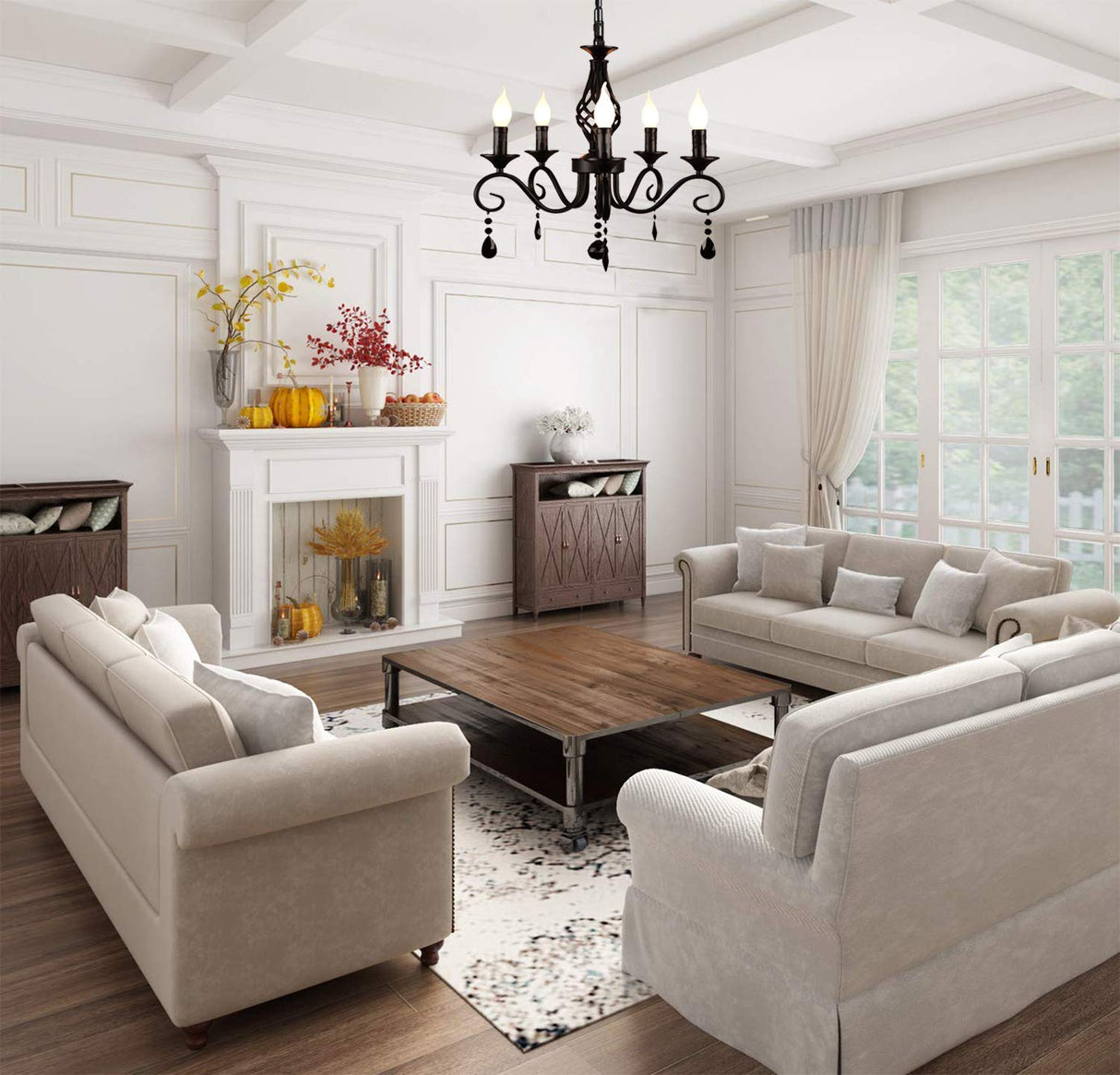 French Country Chandeliers, 5 Lights Black Crystal Candle Chandelier, Industrial Vintage Pendant Light Fixture Hanging Light for Island Kitchen Dining Room Farmhouse