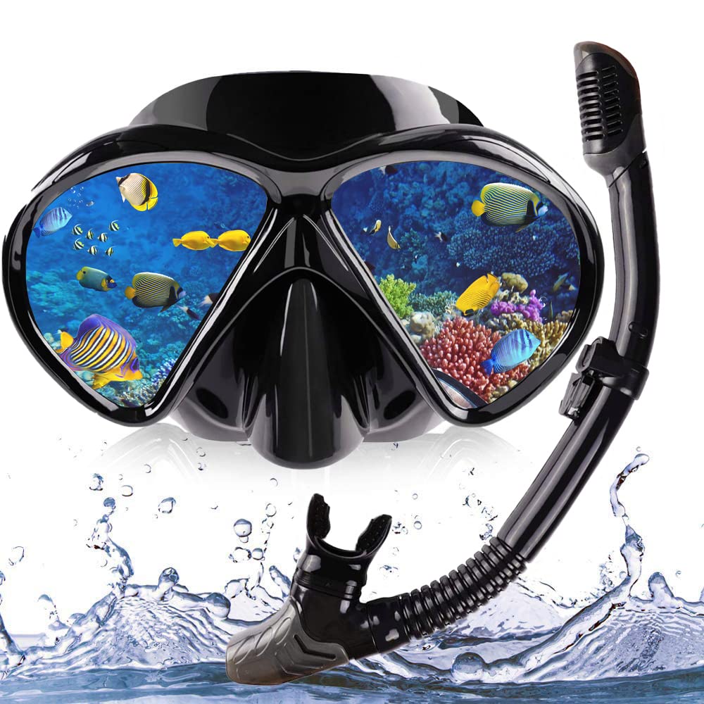 Snorkel Mask Snorkel Set Snorkeling Goggles Free Breath Dry Top Set Snorkeling Gear Anti-Fog and Anti-Leak 180 Degree Panoramic View Swimming Goggles Waterproof Durable Tempered Glass Mask for Adults