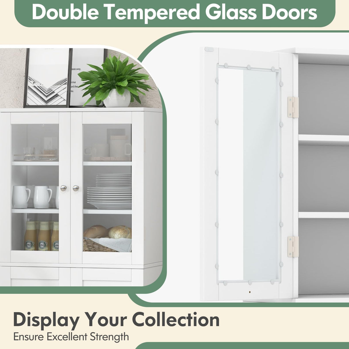 Tall Buffet Sideboard, Kitchen Pantry Cabinet with Dual Tempered Glass Doors & Shelves, Extra Door Racks, Anti-Toppling Design, Freestanding Cupboard for Dining Room Living Room, White