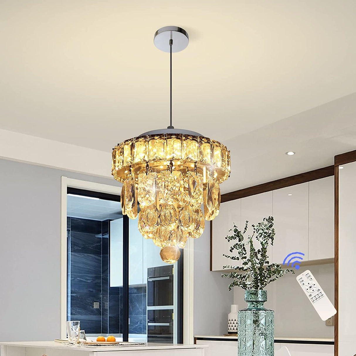 Mini Crystal Chandelier,Chrome Ceiling Pendant Light Fixtures,LED Crystal Flush Mount Ceiling Light Dimmable with Remote for Bedroom Dining Room Hallway(18W/3000-6500K)