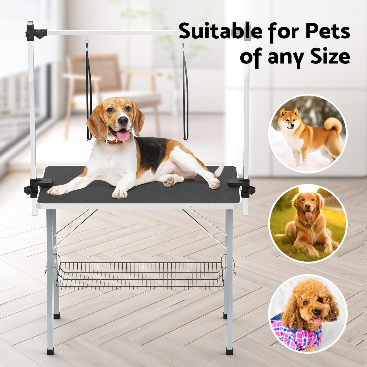 Pet Dog Grooming Table, Folding Height Adjustable Arm Table 91cm Double Pole Anti Slip Rubber W/Basket
